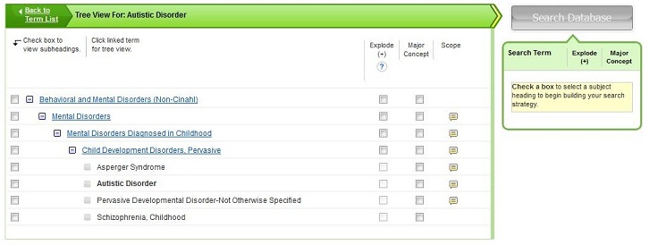 screen capture of results of clicking on 'autistic disorder' in a list of possible subject terms.