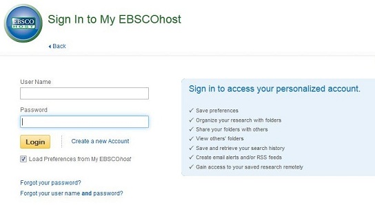 Screen capture of the sign in page my a my EBSCO account.