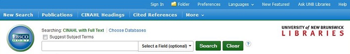 Screen capture of CINAHL toolbar; the sign in to My EBSCO is the first option at the top of the page.