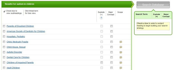 screen shot of the results of searching 'autism in children' as a subject term.