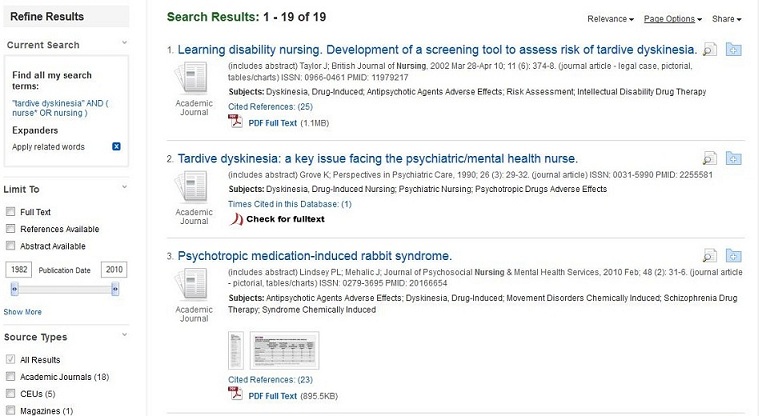 Screen capture of the CINAHL results for a search on Tardive Diskenesia and nursing