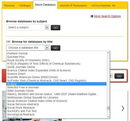 screen capture of the article databases tab on the main library web page