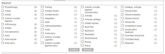 List of keywords that can be used to narrow down an existing set of search results using the keyword limiting option.