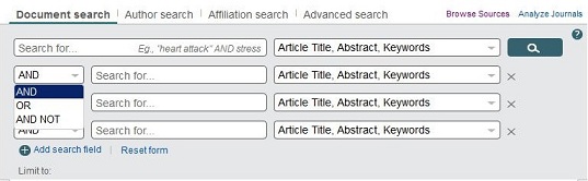 Screen capture of Scopus's advanced search page with an increased number of search boxes