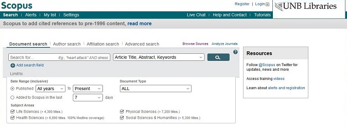 Screen capture of Scopus toolbar; the Register option is near the upper right-hand corner.