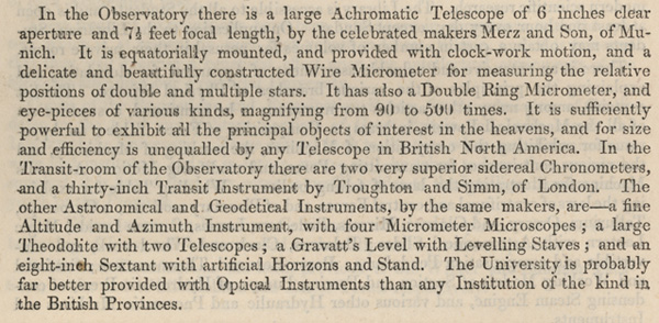 Page from 1864 UNB Calendar describing instruments in the Observatory