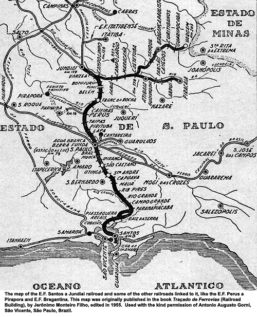 Map of the E.F. Santos a Jundiaí railroad and some of the other railroads linked to it