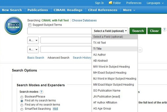 screen capture of the CINAHL advanced search screen