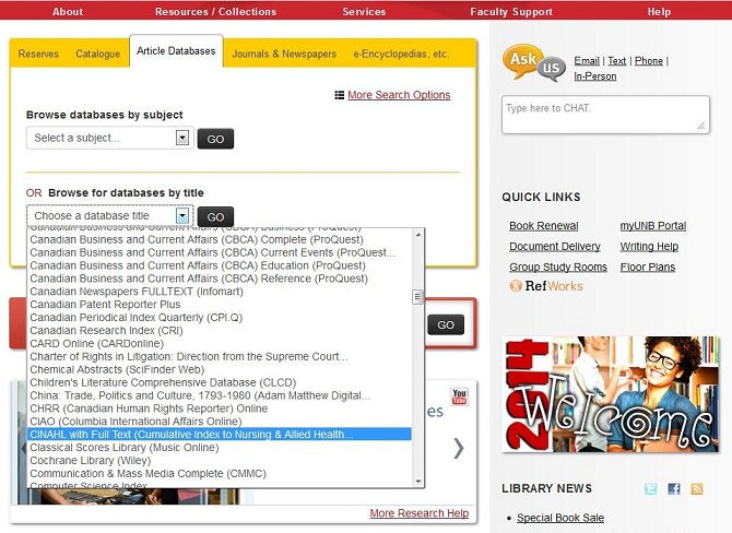 screen capture of the article databases tab on the main library web page