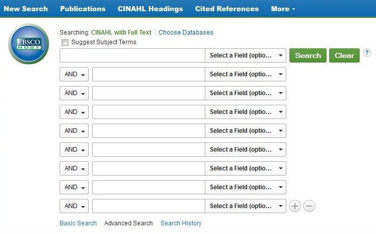 Screen capture of CINAHL's advanced search page with an increased number of search boxes
