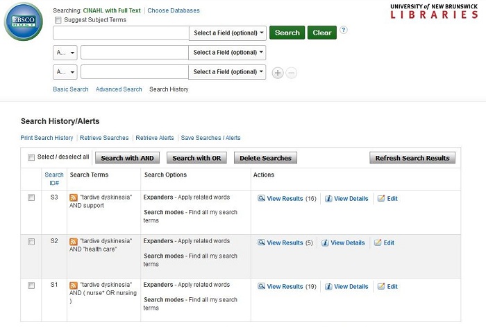 Screen capture of the search history for a series of searches about tardive diskinesia in CINAHL
