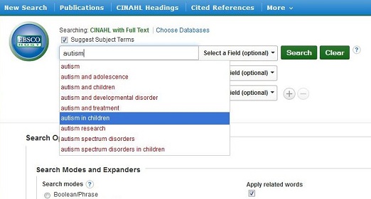 screen capture of typing 'autism' into the first searchable field on the advanced search page. 'Suggest a Subject term' option has been selected.