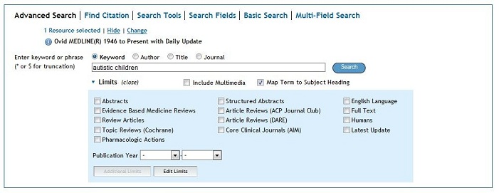 screen capture of the advanced search screen screen in Medline.