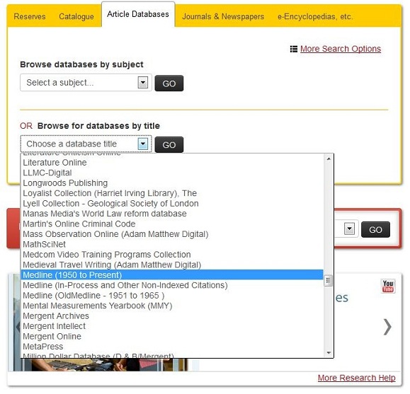 screen capture of the article databases tab on the main library web page