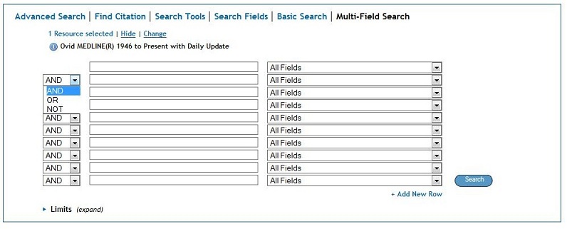 Screen capture of Ovid's multi-field search page with an increased number of search boxes