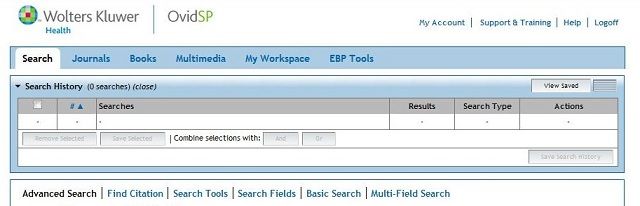 Screen capture of top of the ovid search screen; the sign in to My EBSCO is the first option on the right.