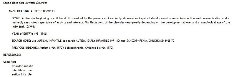 screen capture of results of clicking on 'Autistic Disorder' in a list of possible subject terms.