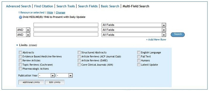 Screen capture of the search limiters available on the Multi-Field search page