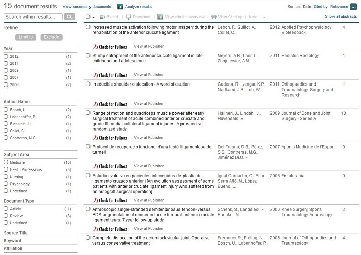 Screen capture of the Scopus results for a search on physiotherapy and ligament