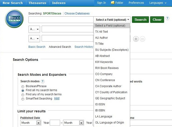 screen capture of the SportDiscus advanced search screen