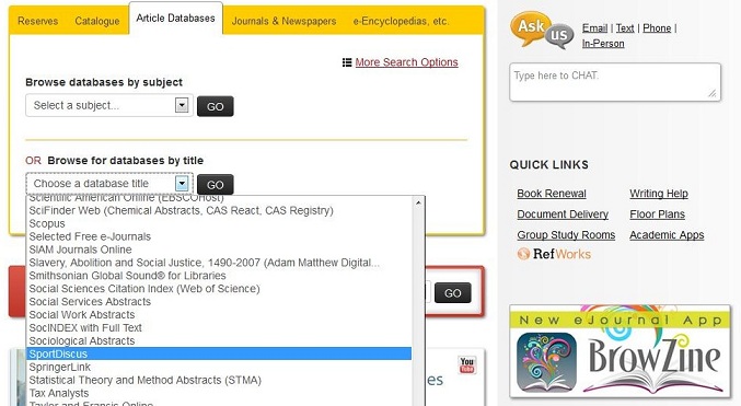 screen capture of the article databases tab on the main library web page