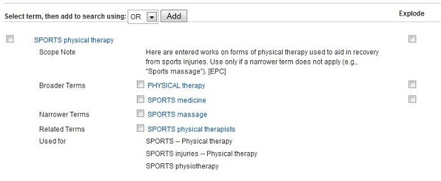 screen capture of results of clicking on 'sports physical therapy' in a list of possible subject terms.