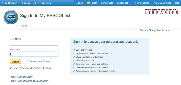 Screen capture of the sign in page my a my EBSCO account.