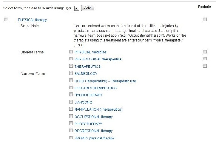screen shot of the results of searching 'physiotherapy' as a subject term.
