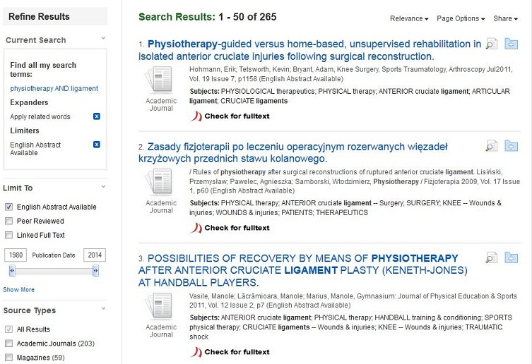 Screen capture of the SportDiscus results for a search on physiotherapy and ligament