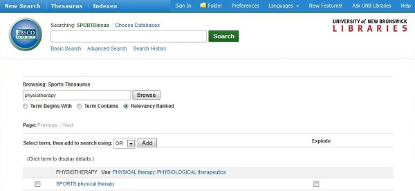 screen capture of the thesaurus search screen in SportDiscus.