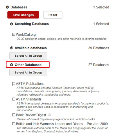 Database selection within UNB WorldCat