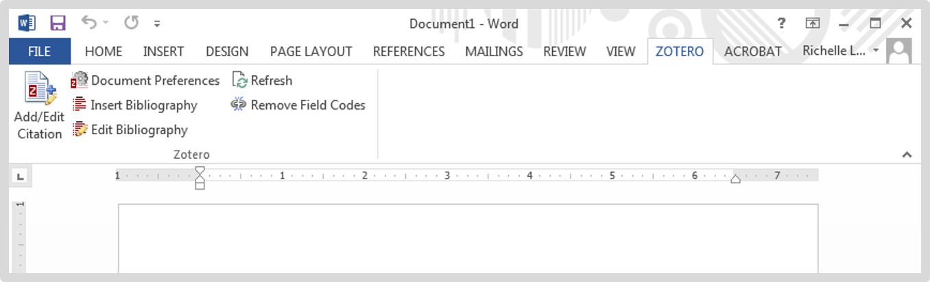 Toolbar options for Zotero in Windows is in a ribbon tab called Add-Ins or Zotero.